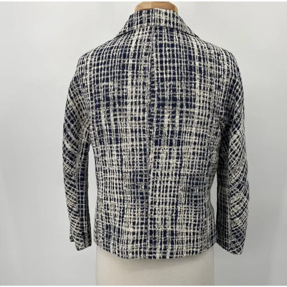 Lafayette 148 Blazer Textured Woven Abstract Plaid Check Pattern Navy Cream S